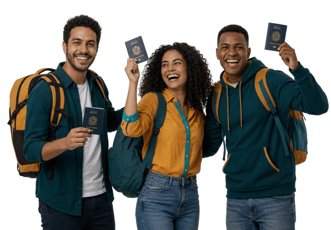 Três jovens brasileiros com passaporte, prontos para embarcar
